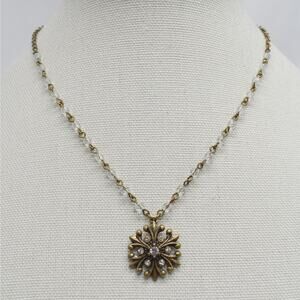 Antique gold & clear rhinestone round pendant chain necklace boho gypsy whimsy